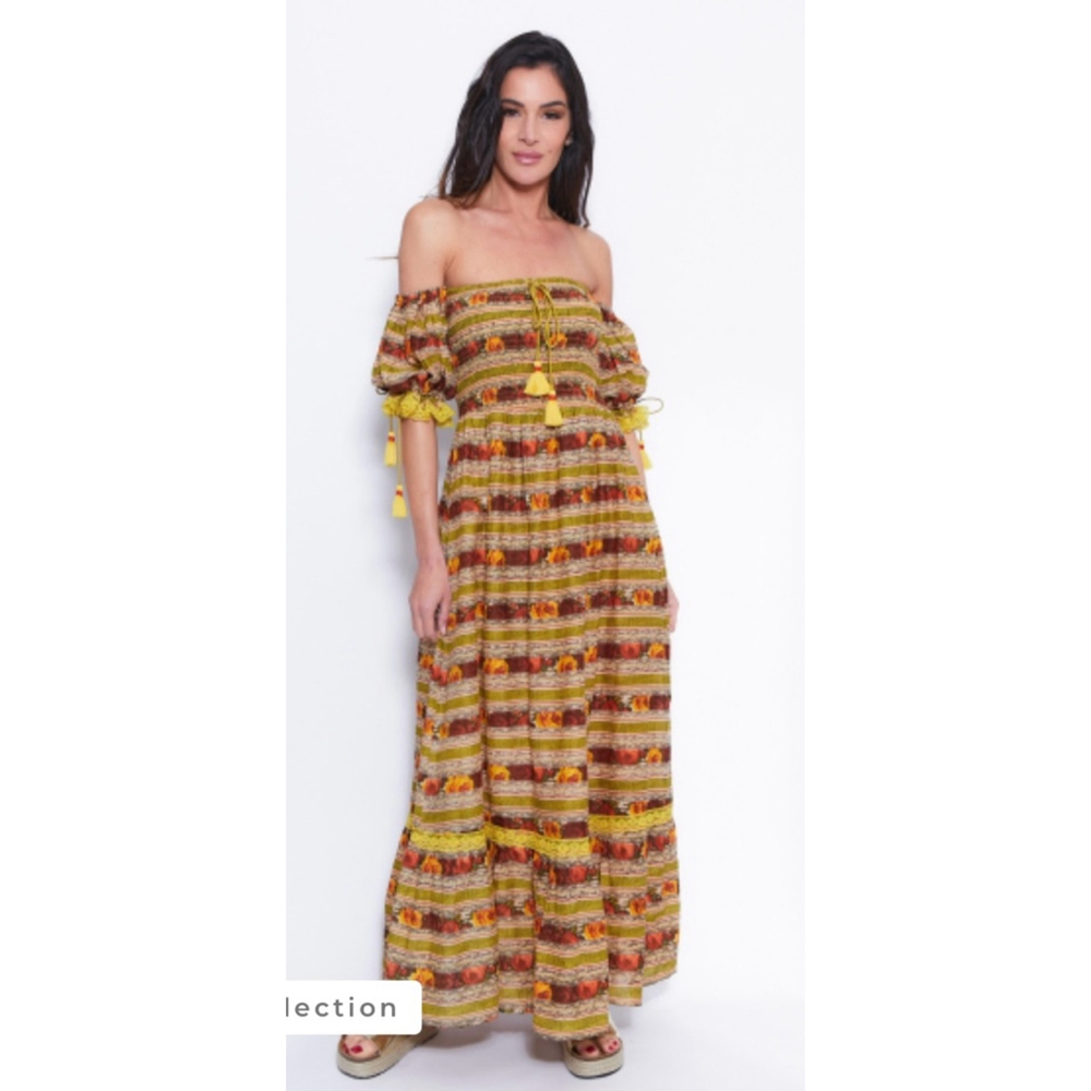 Women's barok Dress Green Orange Floral M